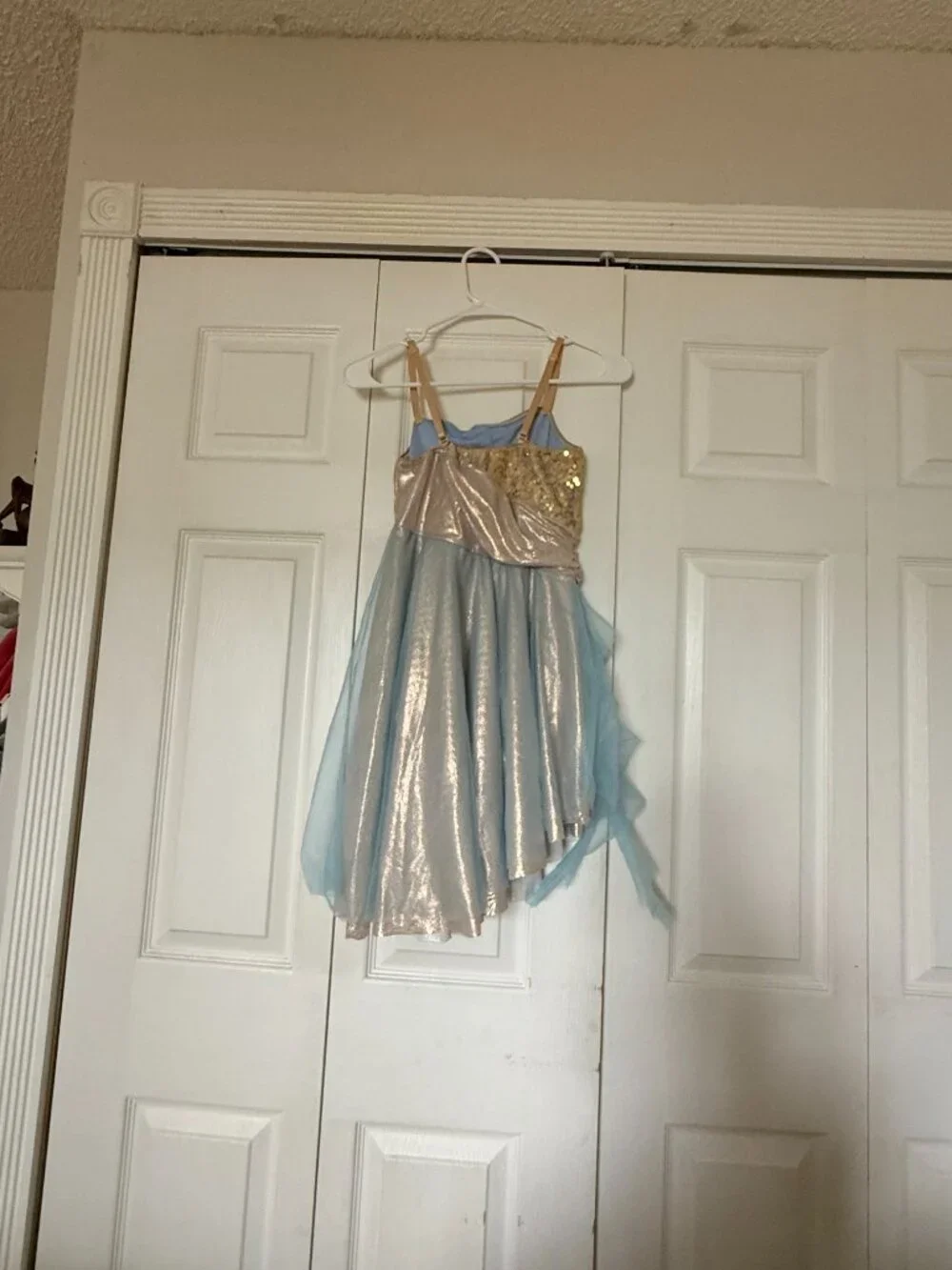 gold, champagne, and sky blue asymmetrical lyrical dance costume